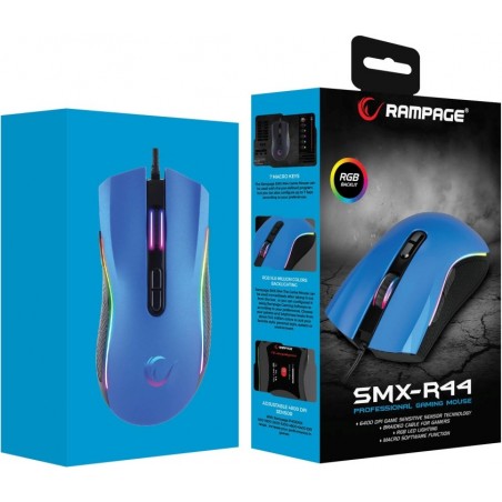 Rampage SMX-R44 macro RGB gaming muis - 6400 DPI - Blauw