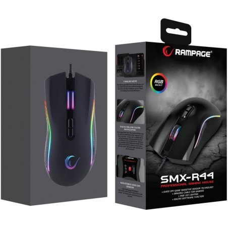 Rampage SMX-R44 macro RGB gaming muis - 6400 DPI - Zwart