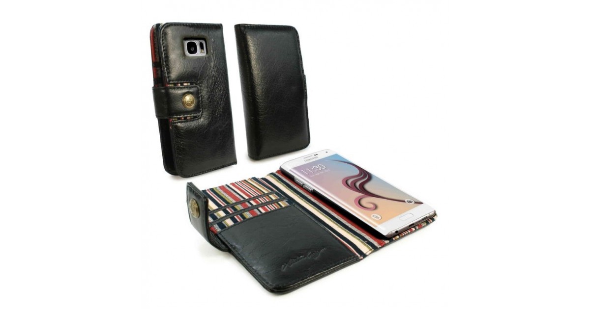 Alston Craig Vintage Genuine Leren RFID Portemonnee Case Cover voor Samsung Galaxy S6 Edge Zwart