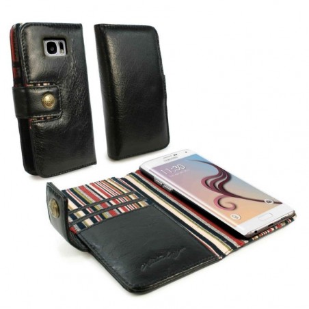 Alston Craig Vintage Genuine Leren RFID Portemonnee Case Cover voor Samsung Galaxy S6 Edge Zwart
