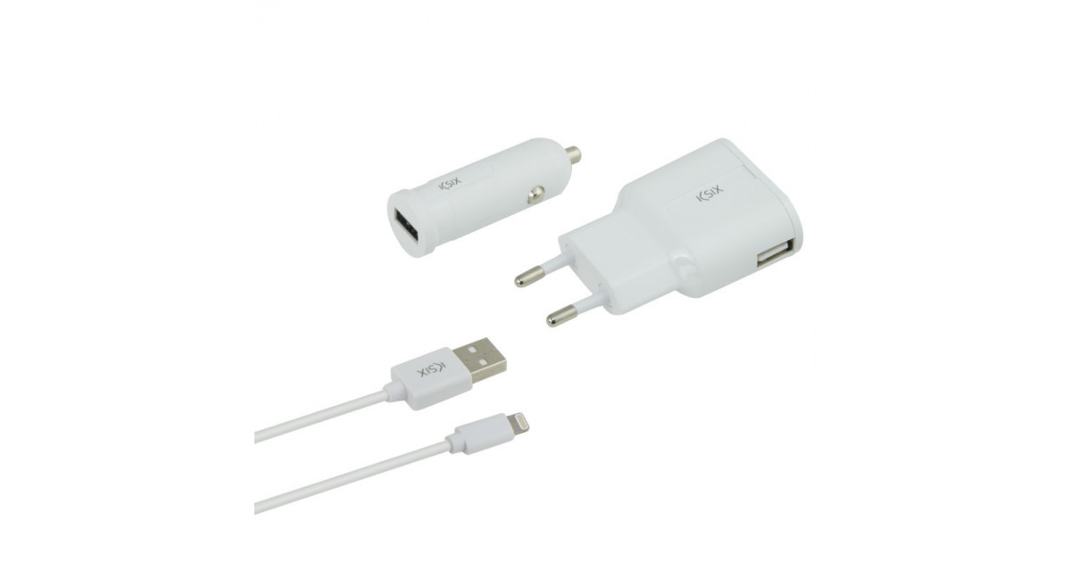Ksix - Charge pack - Oplader, autolader en lightning-USB-Kabel - Wit