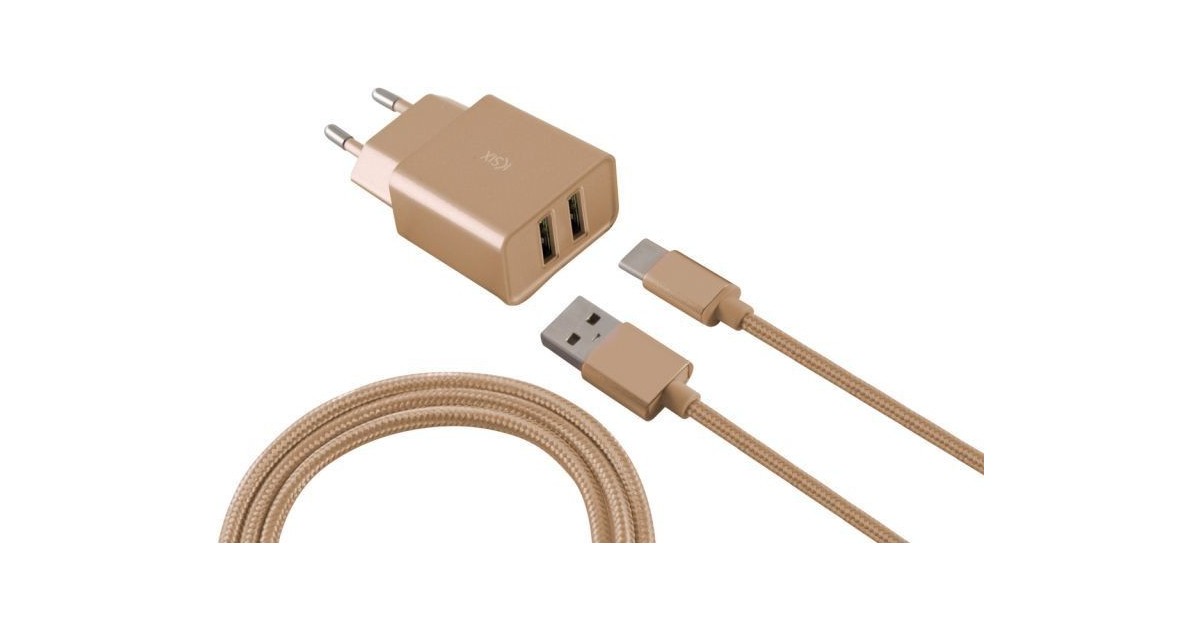 Ksix - Metalen Stopcontact met Micro USB Kabel - metaalGoud