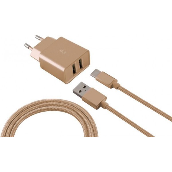 Ksix - Metalen Stopcontact met Micro USB Kabel - metaalGoud